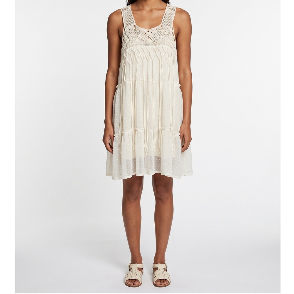 Women's Ivory Crochet Macrame Bodice Dress Sheer Overlay Swiss Dot Boho Size Med
